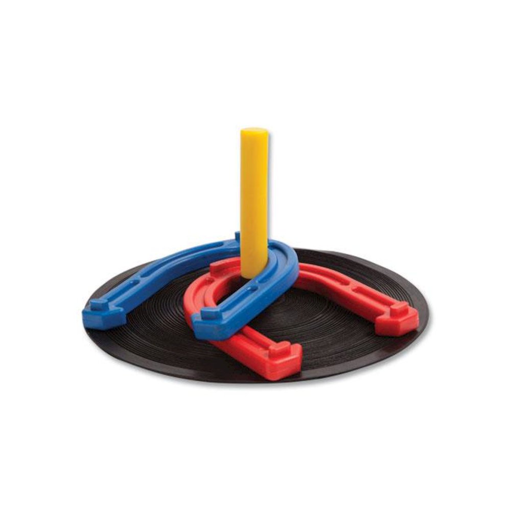Indoor/Outdoor Rubber Horseshoe Set, 4 Rubber Horseshoes, 2 Rubber Mats, 2 Plastic Dowels. Picture 1