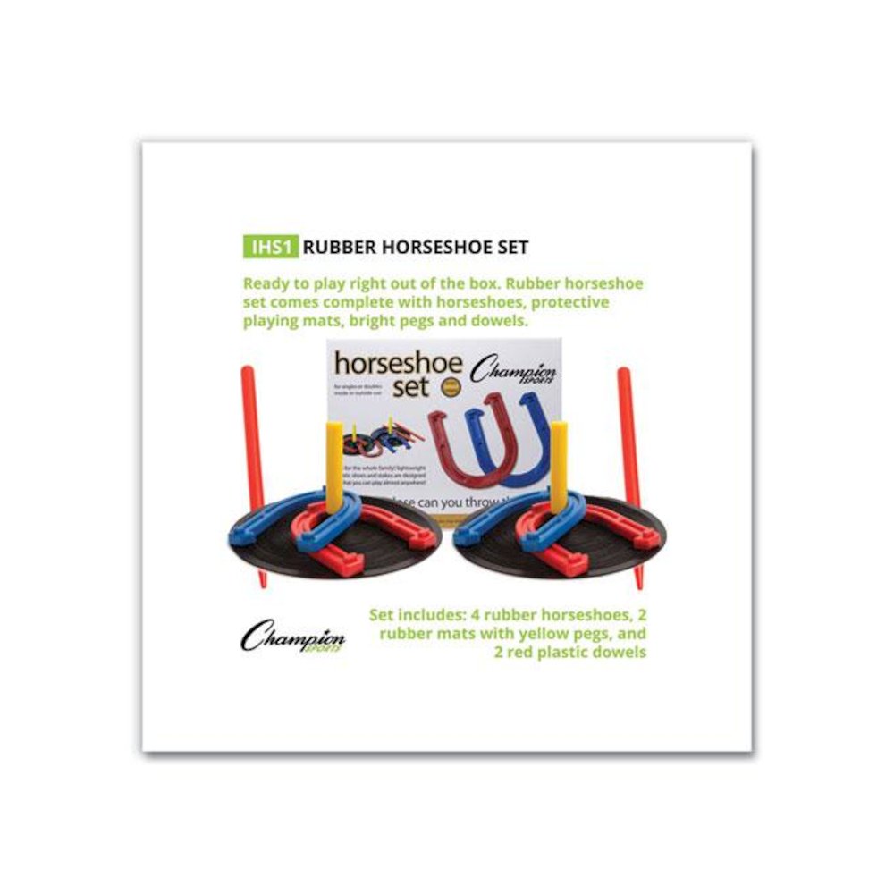 Indoor/Outdoor Rubber Horseshoe Set, 4 Rubber Horseshoes, 2 Rubber Mats, 2 Plastic Dowels. Picture 3