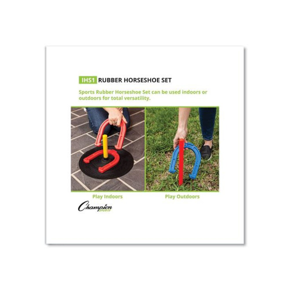 Indoor/Outdoor Rubber Horseshoe Set, 4 Rubber Horseshoes, 2 Rubber Mats, 2 Plastic Dowels. Picture 4