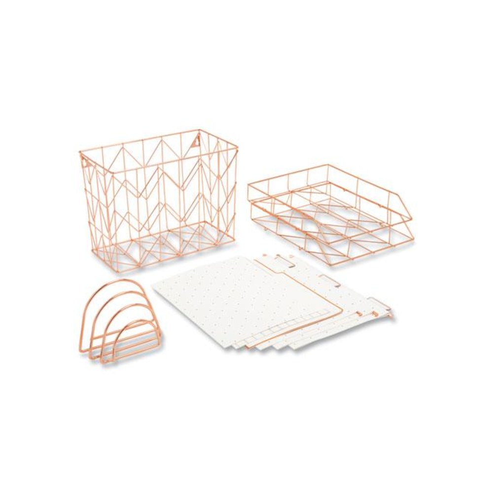 Letter-Size Desktop Fashion Filing Set, Rose Gold, (1) Rack, (3) Hanging Folders, (3) File Folders, (2) Trays,(1) Mail Sorter. Picture 1