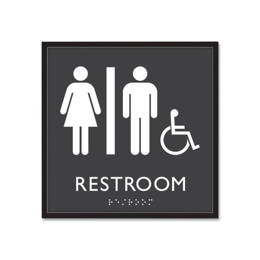 ADA Sign, Unisex Accessible Restroom, Plastic, 8 x 8, Clear/White. Picture 1