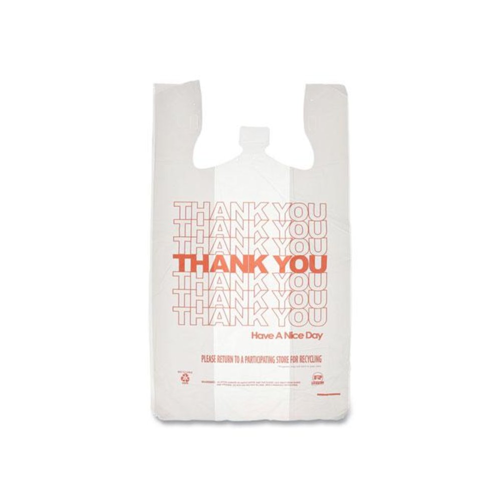 Thank You Bags, Thank You - Have a Nice Day Labeling, Cut-Out Handles, 13" x 8" x 23", White/Red, 1,000/Carton. Picture 1
