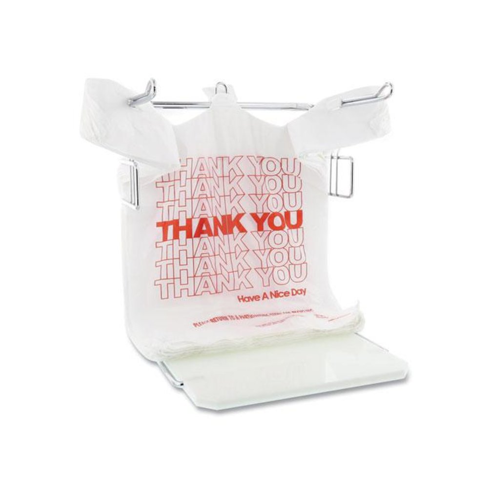 Thank You Bags, Thank You - Have a Nice Day Labeling, Cut-Out Handles, 13" x 8" x 23", White/Red, 1,000/Carton. Picture 2