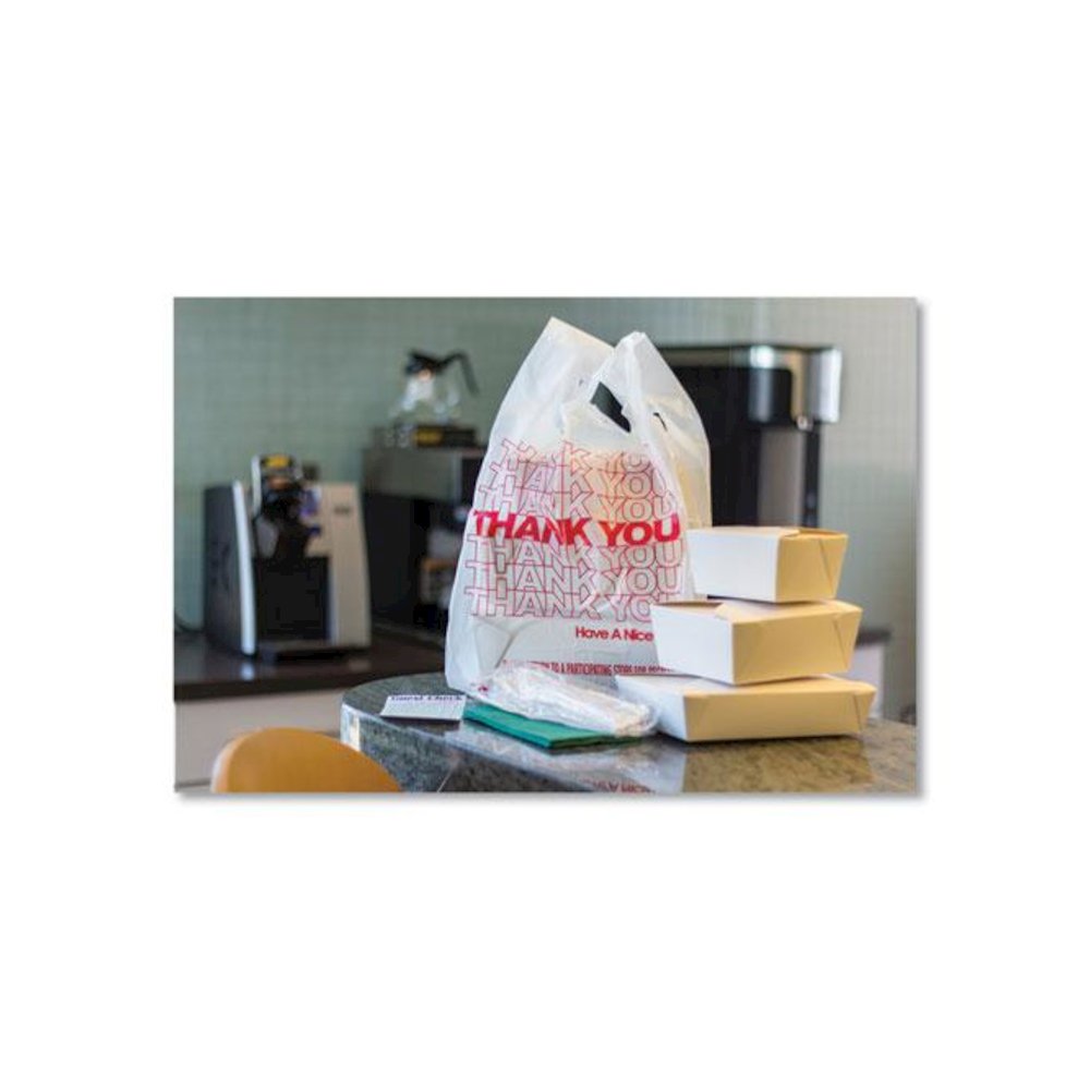 Thank You Bags, Thank You - Have a Nice Day Labeling, Cut-Out Handles, 13" x 8" x 23", White/Red, 1,000/Carton. Picture 3