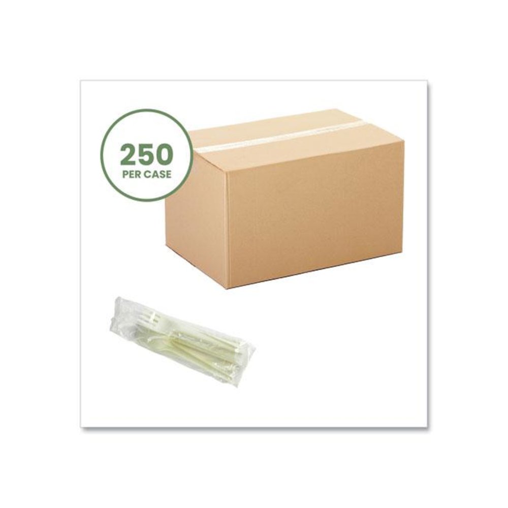 Cutlery Kits, Compostable, General Purpose, Fork/Knife/Napkin/Spoon, Plastic, White, 250/Carton. Picture 2