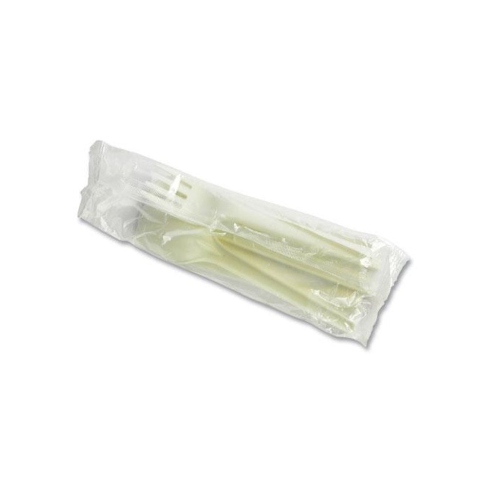 Cutlery Kits, Compostable, General Purpose, Fork/Knife/Napkin/Spoon, Plastic, White, 250/Carton. Picture 1