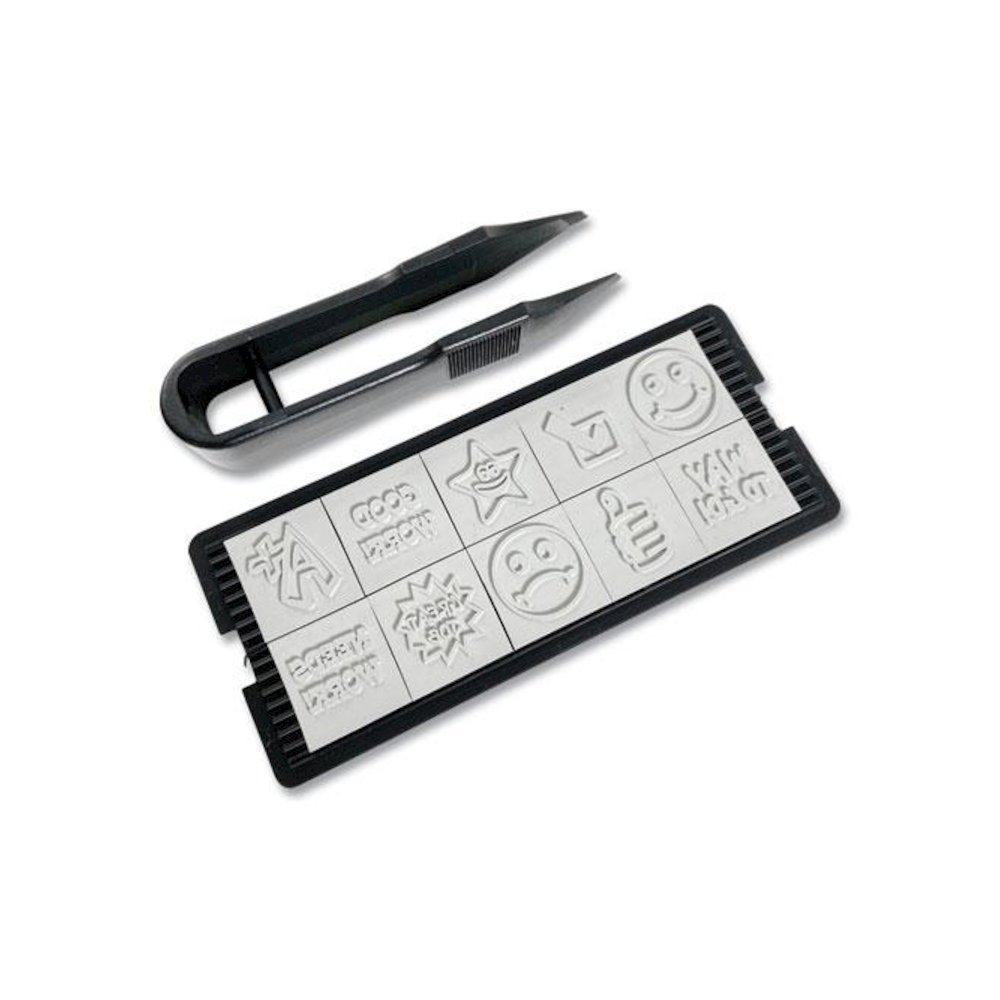 Printy 10-in-1 Self-Inking Teacher Stamp, Incudes 10 Dies, 0.63" Diameter, Blue/Red. Picture 2