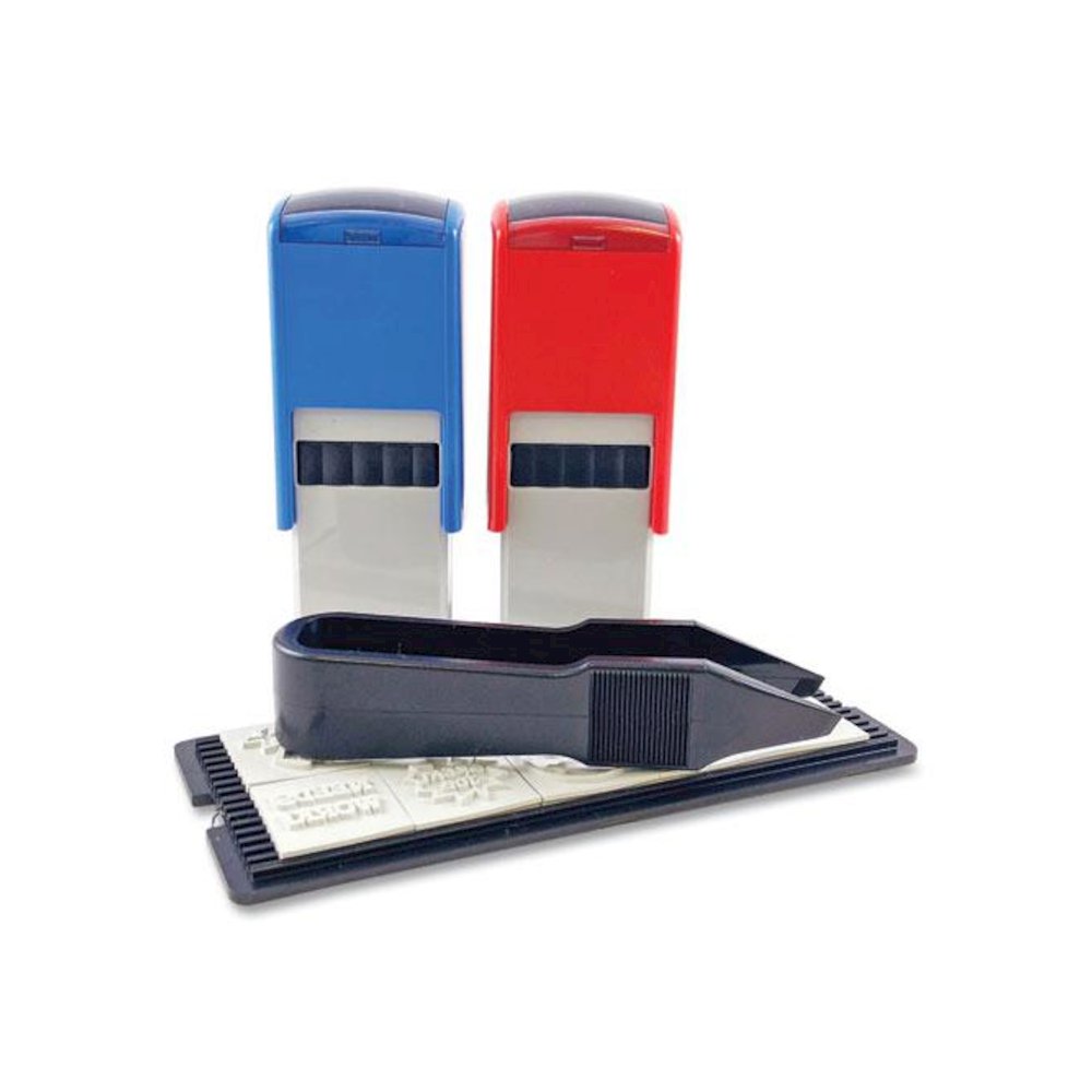 Printy 10-in-1 Self-Inking Teacher Stamp, Incudes 10 Dies, 0.63" Diameter, Blue/Red. Picture 4