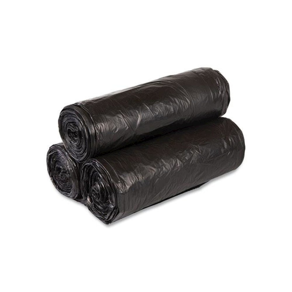 High-Density Commercial Can Liner Value Pack, 56 gal, 19 mic, 43" x 46", Black, Interleaved Roll, 25 Bags/Roll, 6 Rolls/CT. Picture 1