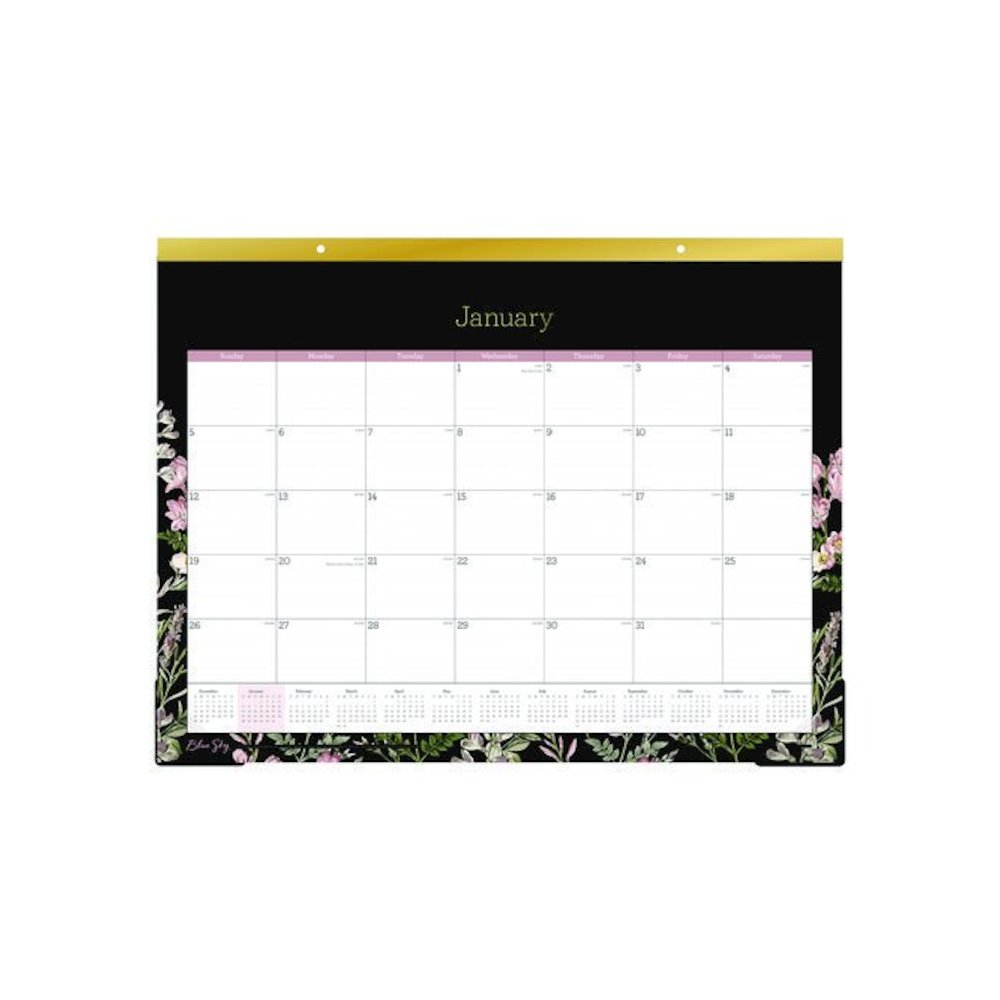 Neveah Monthly Desk Pad Calendar, Floral Artwork, 22" x 17", White/Black/Pink Sheets, Gold Headband, 12-Month (Jan-Dec): 2026. Picture 1