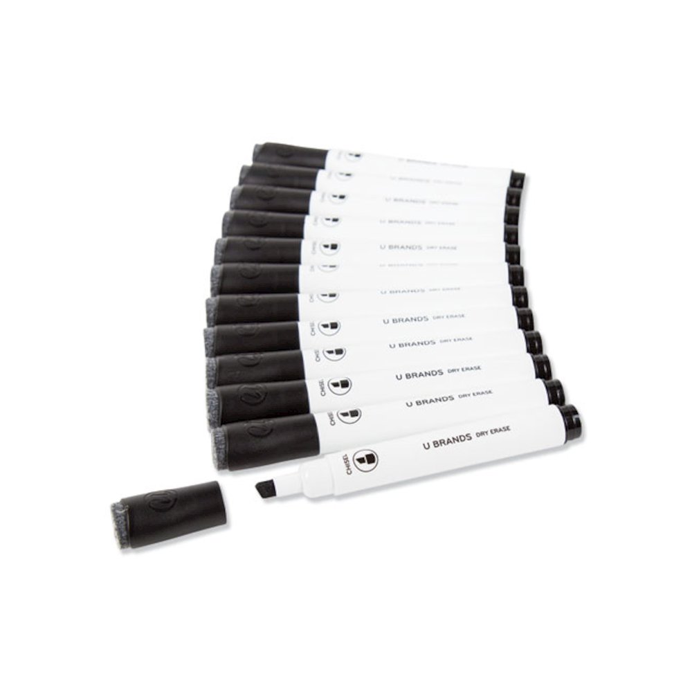 Chisel Tip Low-Odor Dry-Erase Markers with Erasers, Broad Chisel Tip, Black, Dozen. Picture 1