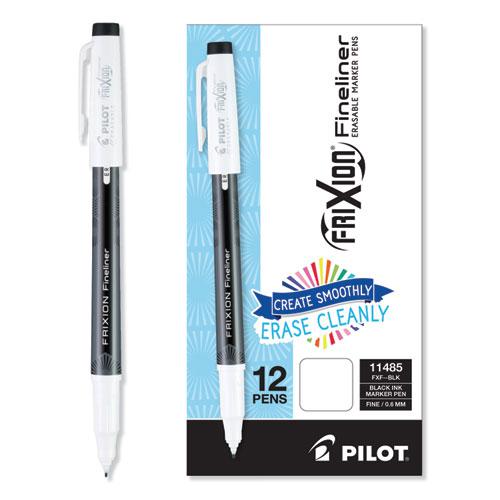 FriXion Fineliner Erasable Porous Point Pen, Stick, Fine 0.6 mm, Black Ink, Black/White Barrel, Dozen. Picture 1