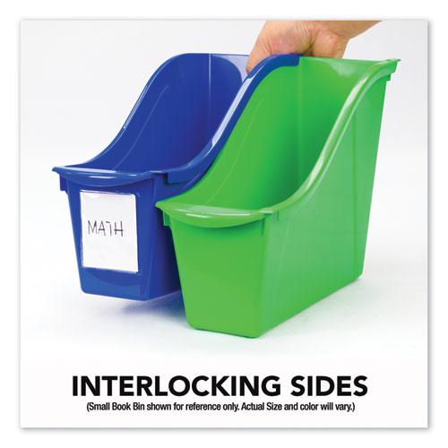 Interlocking Book Bins with Clear Label Pouches, 4.75" x 12.63" x 7", Assorted Colors, 5/Pack. Picture 3