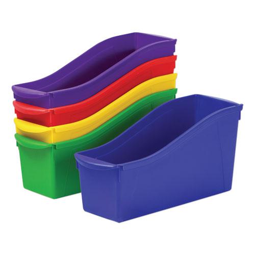 Interlocking Book Bins with Clear Label Pouches, 4.75" x 12.63" x 7", Assorted Colors, 5/Pack. Picture 1