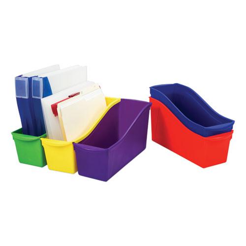 Interlocking Book Bins with Clear Label Pouches, 4.75" x 12.63" x 7", Assorted Colors, 5/Pack. Picture 4