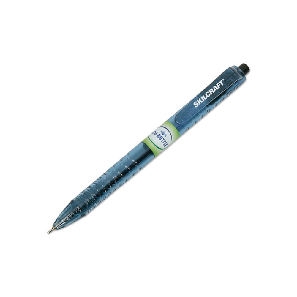 7520016827164, SKILCRAFT Recycled Water Bottle Ballpoint Pen, Retractable, Medium 0.7 mm, Black Ink, Clear Barrel, Dozen. Picture 1