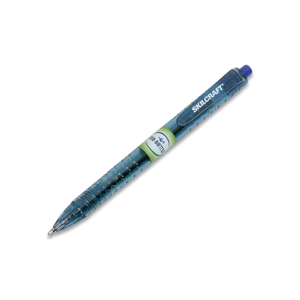 7520016827168, SKILCRAFT Recycled Water Bottle Ballpoint Pen, Retractable, Fine 0.5 mm, Blue Ink, Clear Barrel, Dozen. Picture 1
