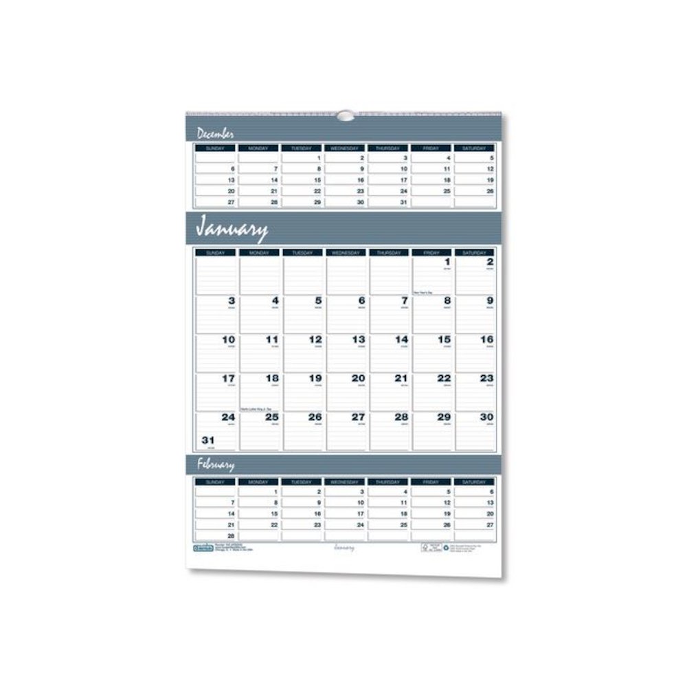 Bar Harbor Recycled Wirebound 3-Months-per-Page Wall Calendar, 15.5 x 22, White/Blue/Gray, 14-Month: Dec 2025 to Jan 2027. Picture 1
