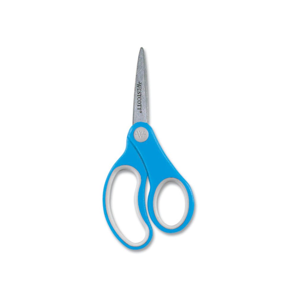 Soft Handle Kids Scissors, Pointed Tip, 5" Long, 1.75" Cut Length, Straight Assorted Color Handles, 12/Pack. Picture 3