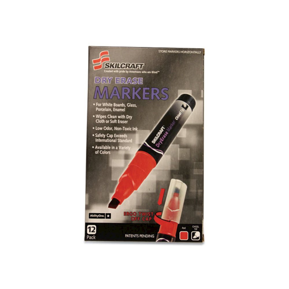 7520015105661, SKILCRAFT Dry Erase Marker, Broad Chisel Tip, Red, Dozen. Picture 1