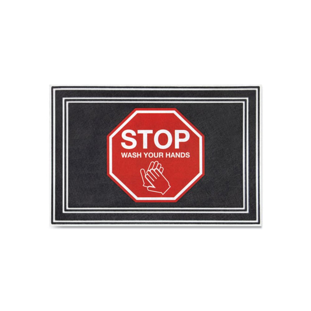 Social Distancing Message Mats, White/Red Printed Message: Stop - Wash Your Hands, 36" x 24", Charcoal Gray Surface. Picture 1
