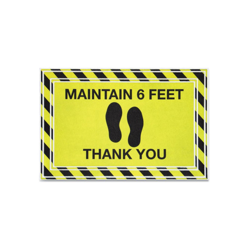Social Distancing Message Mats, Black Printed Message: Maintain Six Feet - Thank You, 36" x 24", Yellow Surface. Picture 1