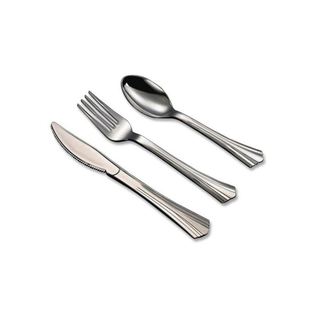 Sterling Assorted Plastic Cutlery, Mediumweight, (20) Forks/(15) Knives/(15) Spoons, Plastic, Silver, 50/Pack. Picture 1