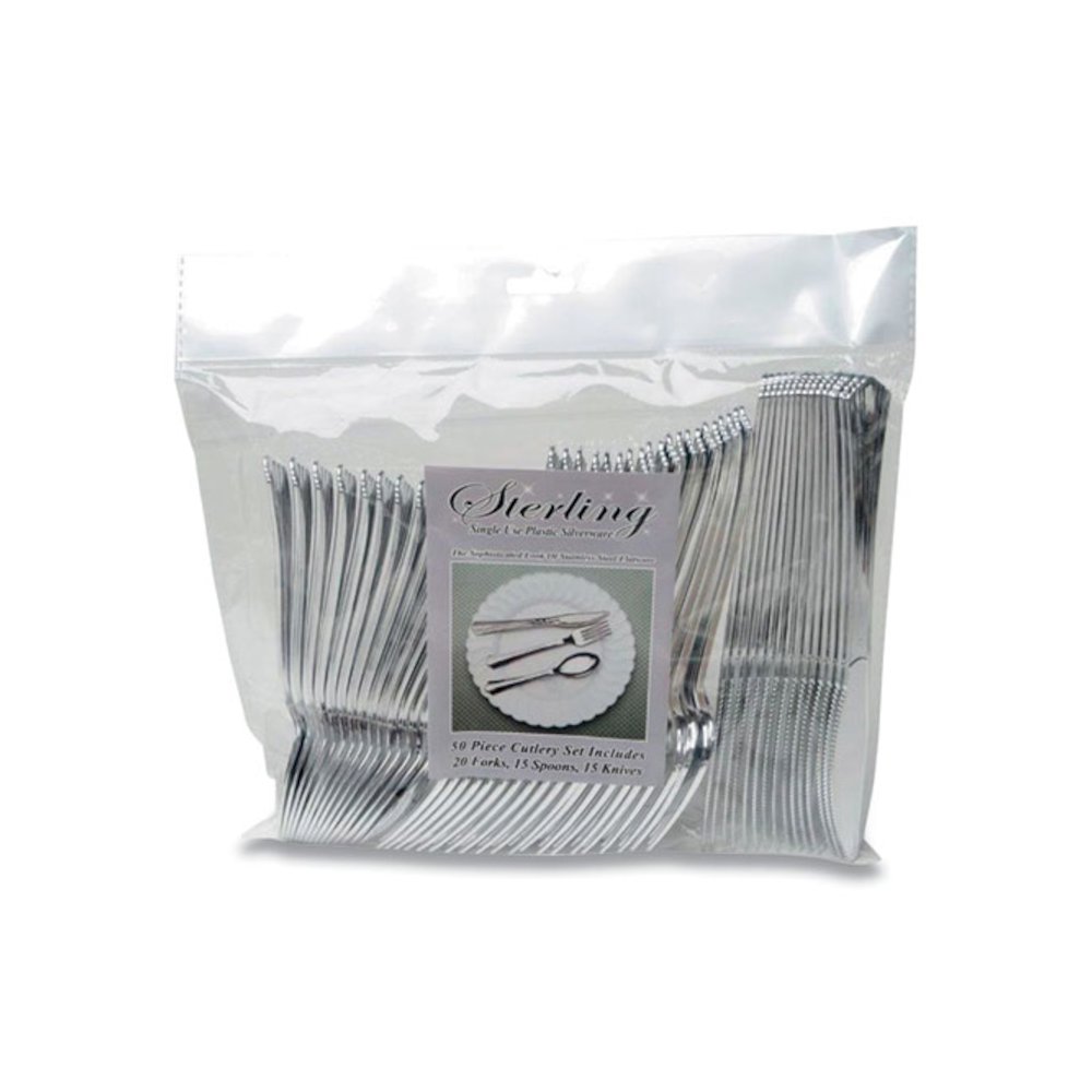Sterling Assorted Plastic Cutlery, Mediumweight, (20) Forks/(15) Knives/(15) Spoons, Plastic, Silver, 50/Pack. Picture 2
