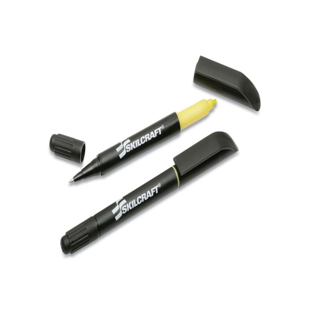 7520014840020, SKILCRAFT Rite-N-Lite Ballpoint Pen/Highlighter, Yellow/Black Ink, Chisel/Conical Tip, Black Barrel, Dozen. Picture 1