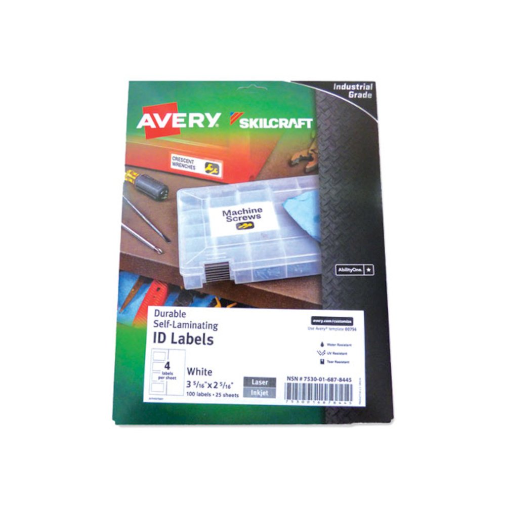 7530016878445, SKILCRAFT AVERY Durable Self-Laminating ID Labels, 2.31 x 3.31, White, 4/Sheets, 25 Sheets/Pack. Picture 1