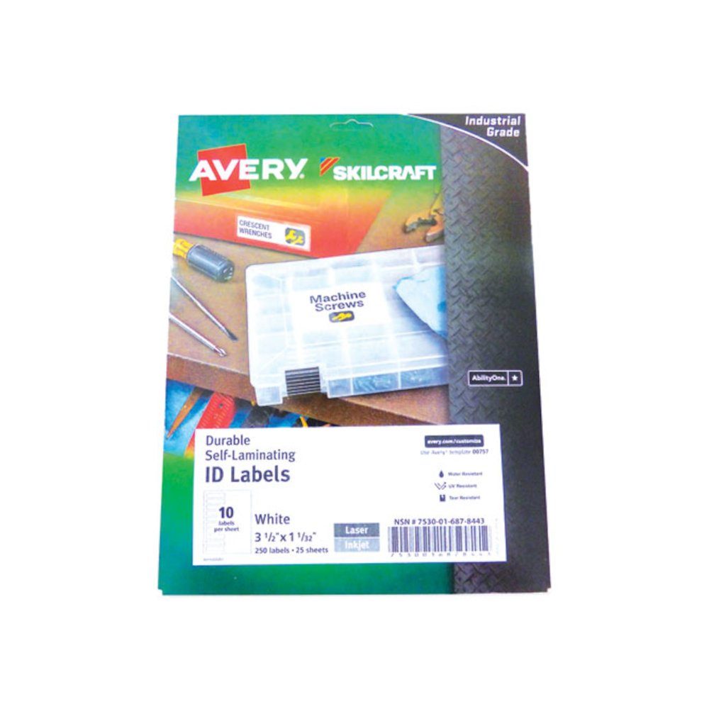 7530016878443, SKILCRAFT AVERY Durable Self-Laminating ID Labels, 1.03 x 3.5, White, 10/Sheet, 25 Sheets/Pack. Picture 1