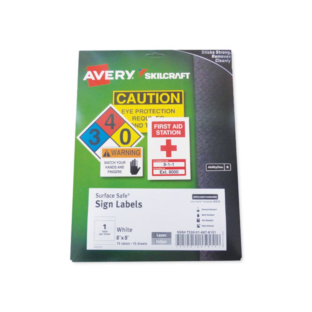 7530016878151, SKILCRAFT AVERY Surface Safe Sign Labels, 8 x 8, White, 1/Sheet, 15 Sheets/Box, 12 Boxes/Box. Picture 1