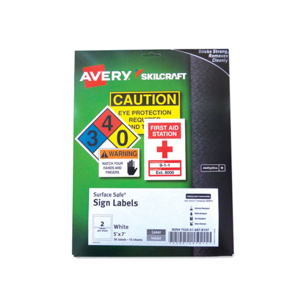 7530016878147, SKILCRAFT AVERY Surface Safe Sign Labels, 5 x 7, White, 2/Sheet, 15 Sheets/Box, 12 Boxes/Box. Picture 1