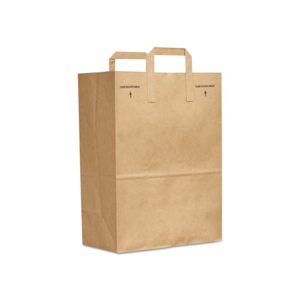 Grocery Paper Bags, 1/6 BBL Size, 70# Basis Weight, Flat Handles, 11" x 7" x 16.25", Kraft, 300/Bundle. Picture 1