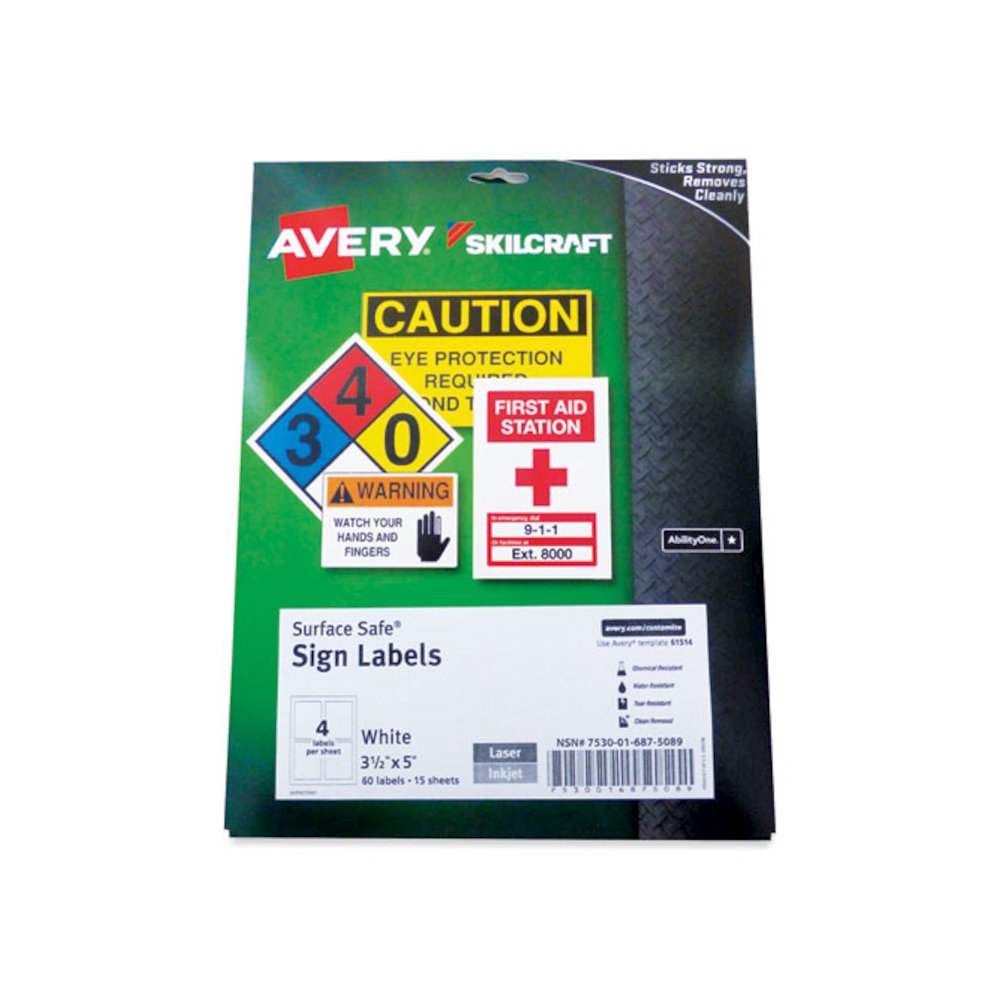 7530016875089, SKILCRAFT AVERY Surface Safe Sign Labels, 3.5 x 5, White, 4/Sheet, 15 Sheets/Box, 12 Boxes/Carton. Picture 1