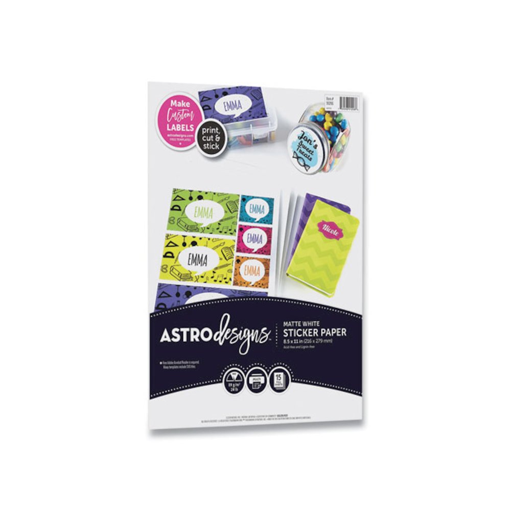Astrodesigns Sticker Paper Labels, Inkjet/Laser Printers, 8.5 x 11, White, 15/Pack. Picture 1