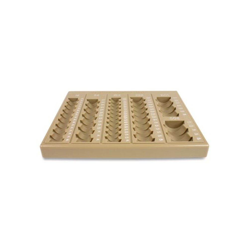 Stackable Plastic Coin Counting Tray for Pennies, Nickels, Dimes, Quarters, Half-Dollars and Dollars, Tan. Picture 1