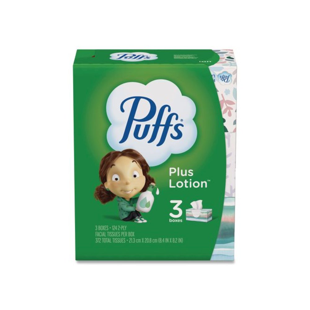 Plus Lotion Facial Tissue, 2-Ply, White, 124 Sheets/Box, 3 Box/Pack. Picture 1