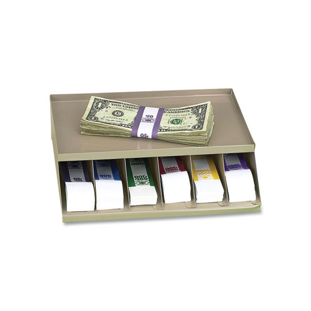 Coin Wrapper and Bill Strap Single-Tier Rack, 6 Compartments, 10" x 8.5" x 3", Pebble Beige. Picture 2