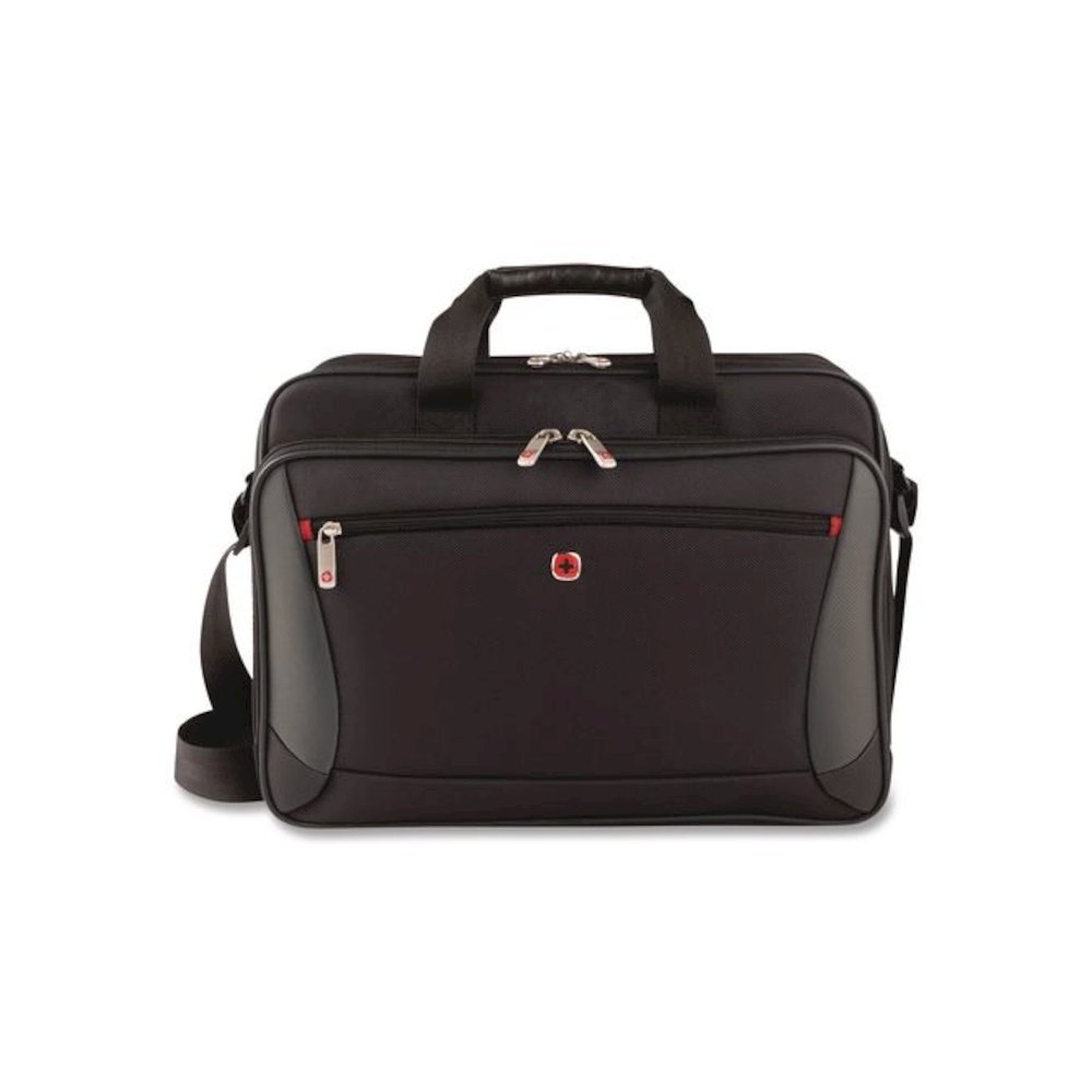 SwissGear Mainframe Laptop Briefcase, Fits Devices Up to 16", Polyester, 15.75 x 6 x 12, Black/Gray. Picture 1