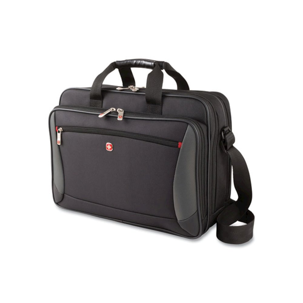 SwissGear Mainframe Laptop Briefcase, Fits Devices Up to 16", Polyester, 15.75 x 6 x 12, Black/Gray. Picture 2