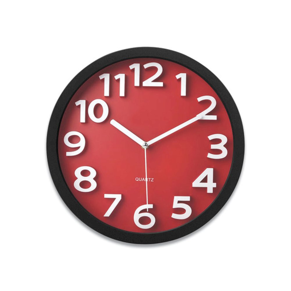 Wall Clock with Raised Numerals and Silent Sweep Dial, 13" Overall Diameter, Black Case, Red Face, 1 AA (sold separately). Picture 1