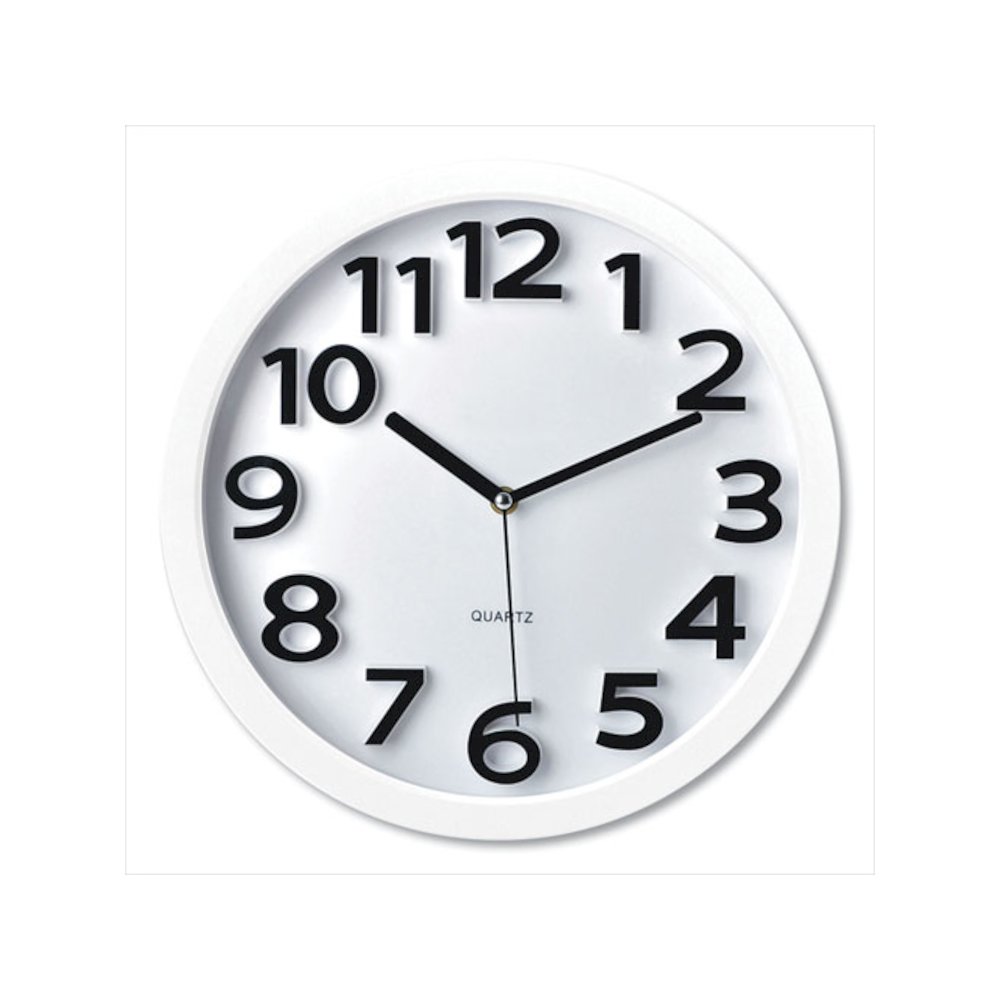 Wall Clock with Raised Numerals and Silent Sweep Dial, 13' Overall Diameter, White Case, White Face, 1 AA (sold separately). Picture 1