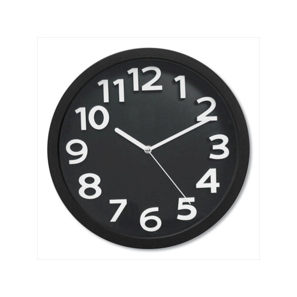 Wall Clock with Raised Numerals and Silent Sweep Dial, 13" Overall Diameter, Black Case, Black Face, 1 AA (sold separately). Picture 1