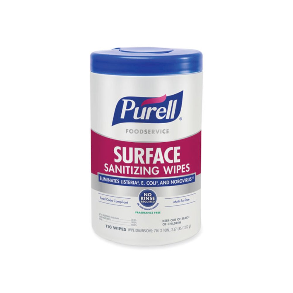Foodservice Surface Sanitizing Wipes, 1-Ply, 10 x 7, Fragrance-Free, White, 110/Canister, 6 Canisters/Carton. Picture 2
