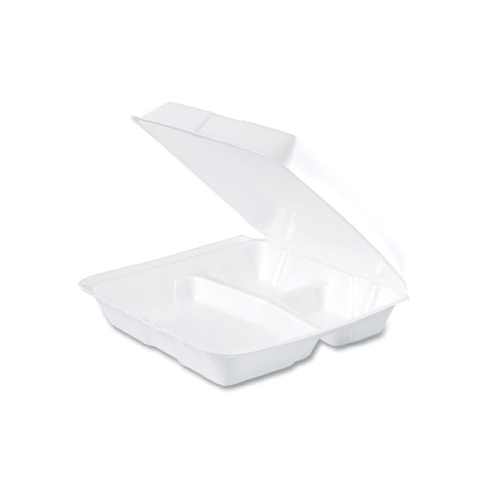 Foam Hinged Lid Containers, 3 Compartments, 9.25 x 9.5 x 3, White, 100/Sleeve, 2 Sleeves/Carton. Picture 1