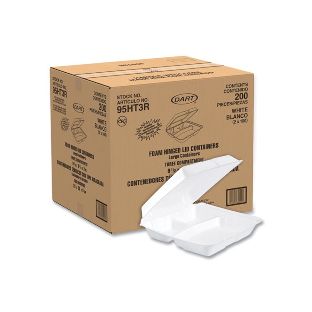 Foam Hinged Lid Containers, 3 Compartments, 9.25 x 9.5 x 3, White, 100/Sleeve, 2 Sleeves/Carton. Picture 2