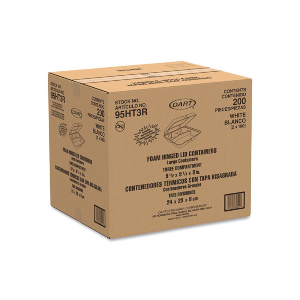 Foam Hinged Lid Containers, 3 Compartments, 9.25 x 9.5 x 3, White, 100/Sleeve, 2 Sleeves/Carton. Picture 3