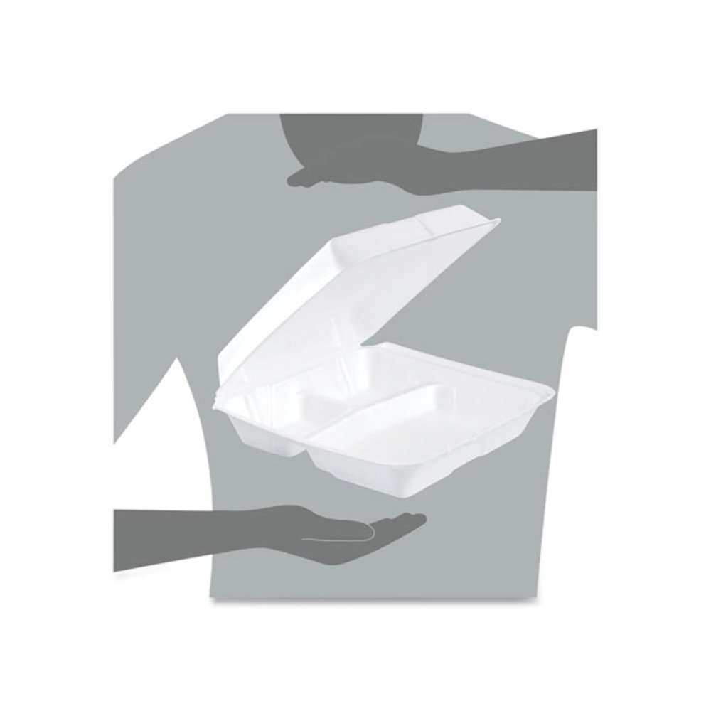 Foam Hinged Lid Containers, 3 Compartments, 9.25 x 9.5 x 3, White, 100/Sleeve, 2 Sleeves/Carton. Picture 5