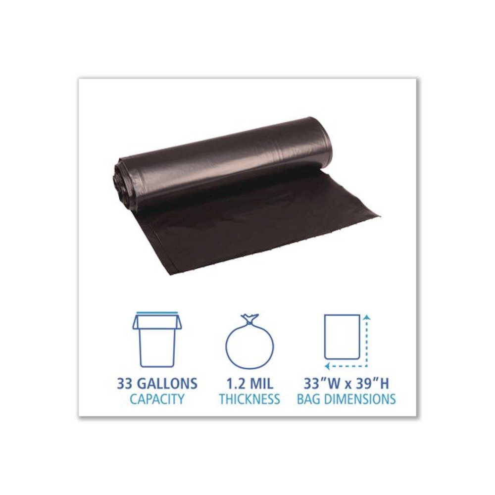 Recycled Low-Density Polyethylene Can Liners, 33 gal, 1.2 mil, 33" x 39", Black, Perforated, 10 Bags/Roll, 10 Rolls/Carton. Picture 5